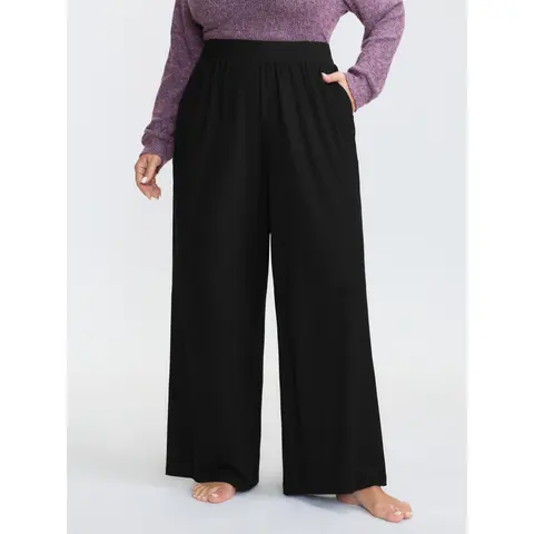 BloomChic Solid Elastic Waist Wide Leg Lounge Bottoms 【M-6XL】
