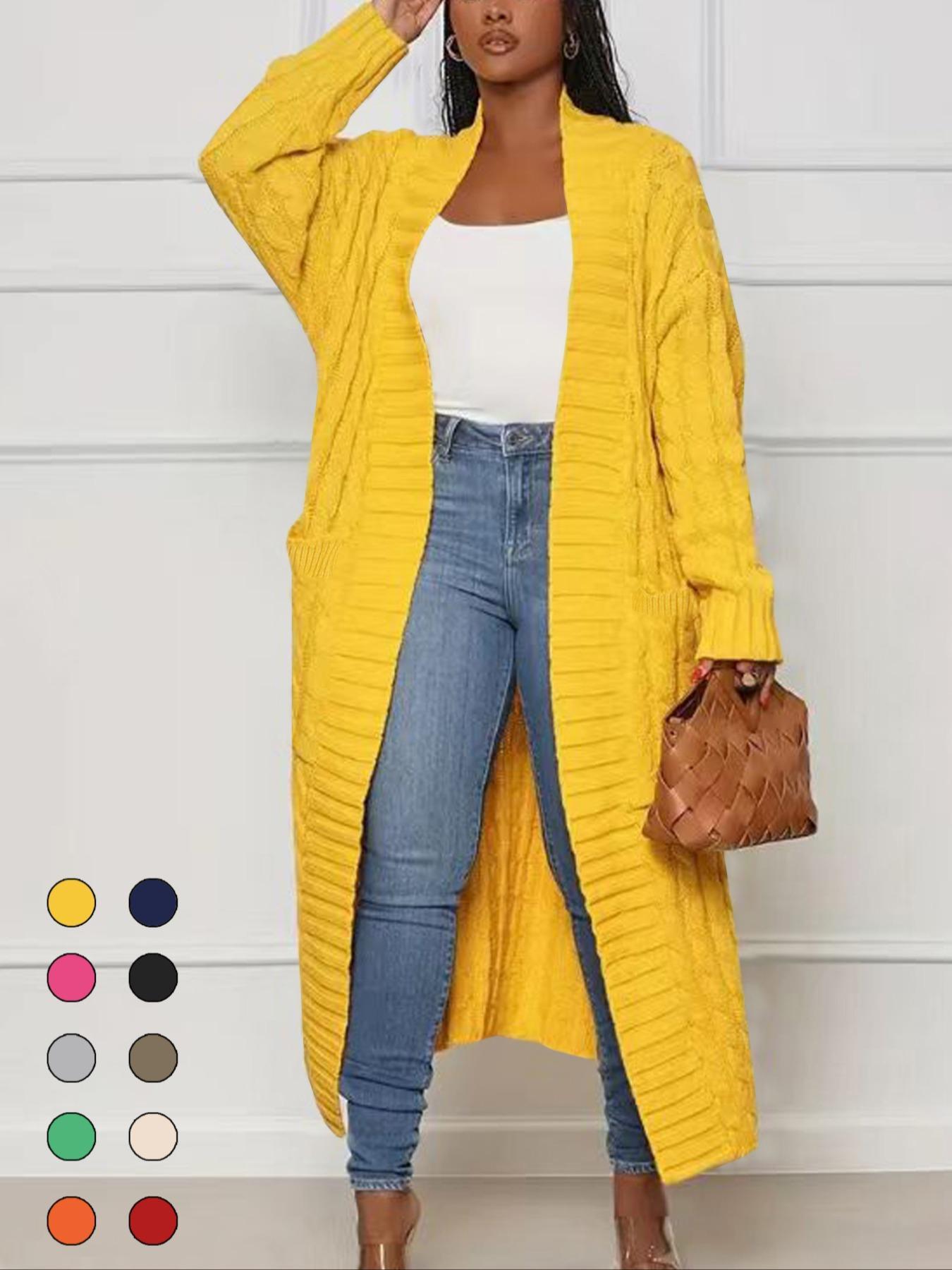 Women's Solid Color Textured Drop Shoulder Pocket Longline Cardigan, Casual Open Front Knitwear for Fall & Winter, Women's Knit Clothing for Daily Wear, Sweaters for Women