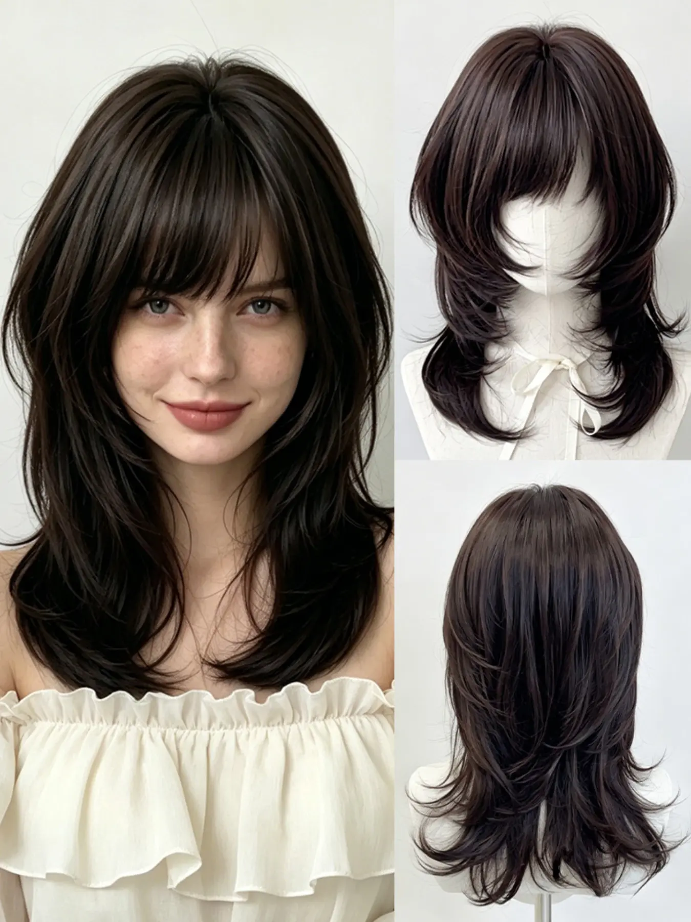 Dark Brown Layered Mullet Collarbone Wig with Side-Swept Bangs, matte heat-resistant fiber, breathable rose net cap, fluffy & silky with rich layers, realistic hairline, perfect for daily/work/party/chic, a must-have fashion wig, Premium Synthetic Wigs