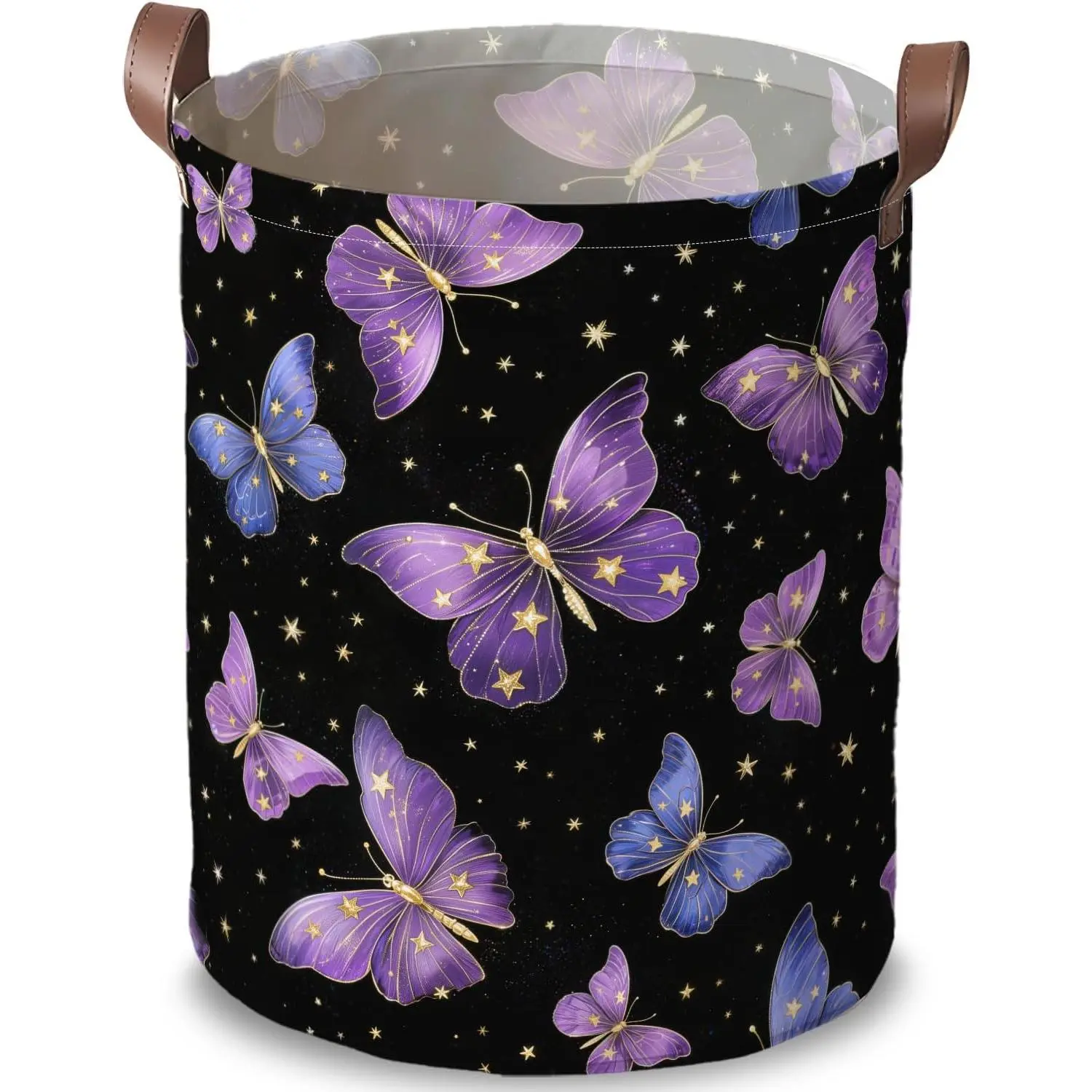 Purple Butterfly Laundry Hamper for Girls Bedroom - Coquette Celestial Star Aesthetic Foldable Clothes Basket, Waterproof Storage Bin with Handles, Tween Teen Whimsical Galaxy Room Gift, 19.7"x15.7"