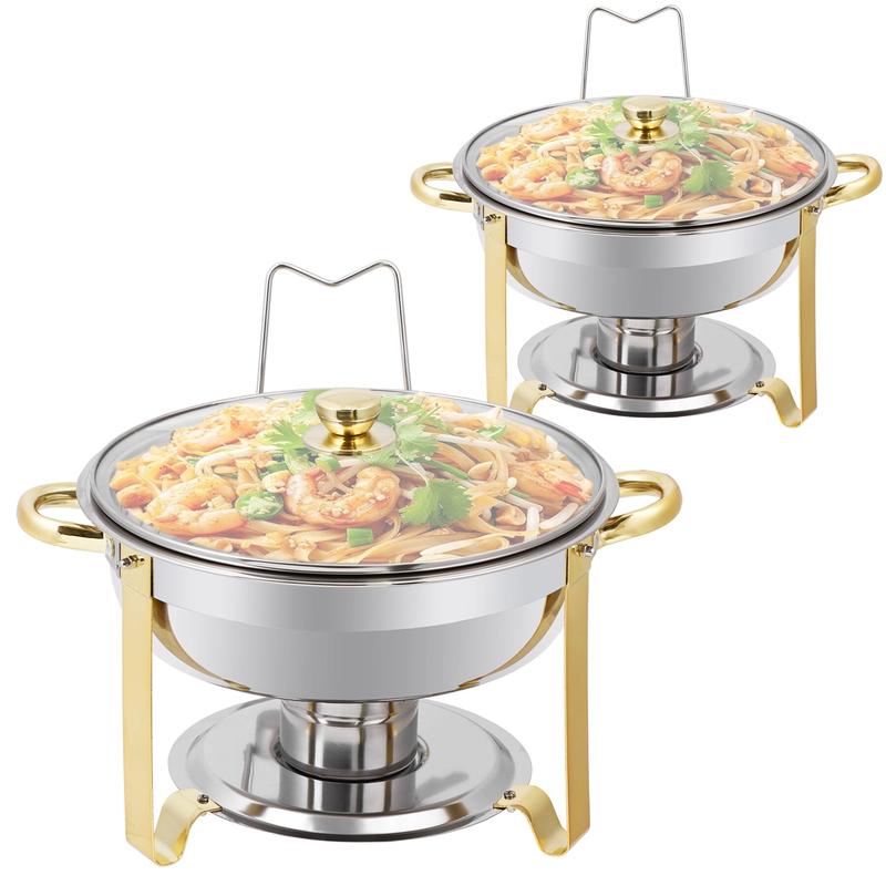 SUPERDEAL 2 Pack Chafing Dish Buffet Set Round with Glass Lid & Lid Holder Stainless Steel