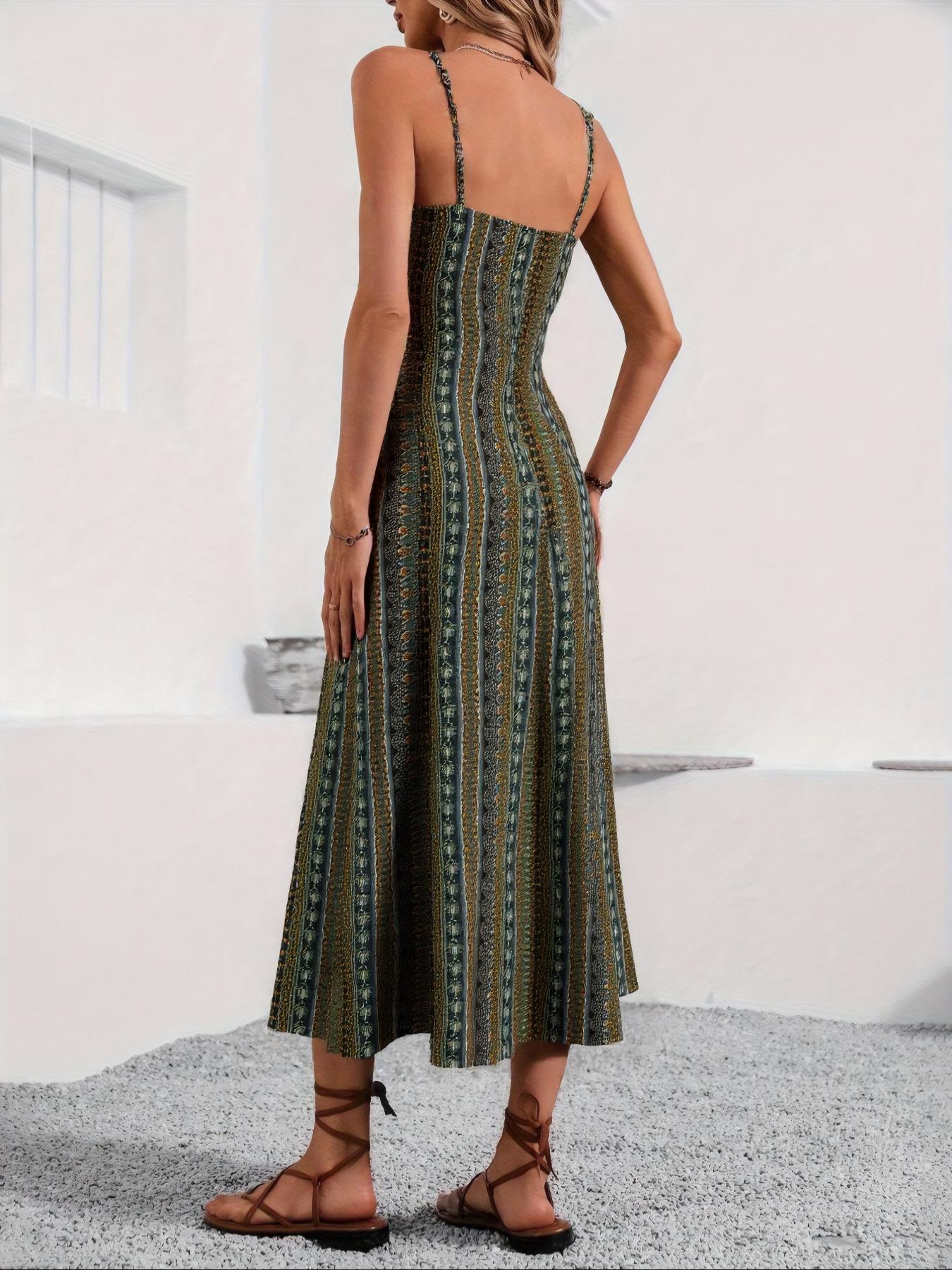Women's All Over Ethnic Pattern Backless Split Thigh Cami Dress, Boho Fashion Casual Sleeveless Long Dress for Beach Holiday Vacation, Ladies Dress for All Seasons, Casual Boho Chic