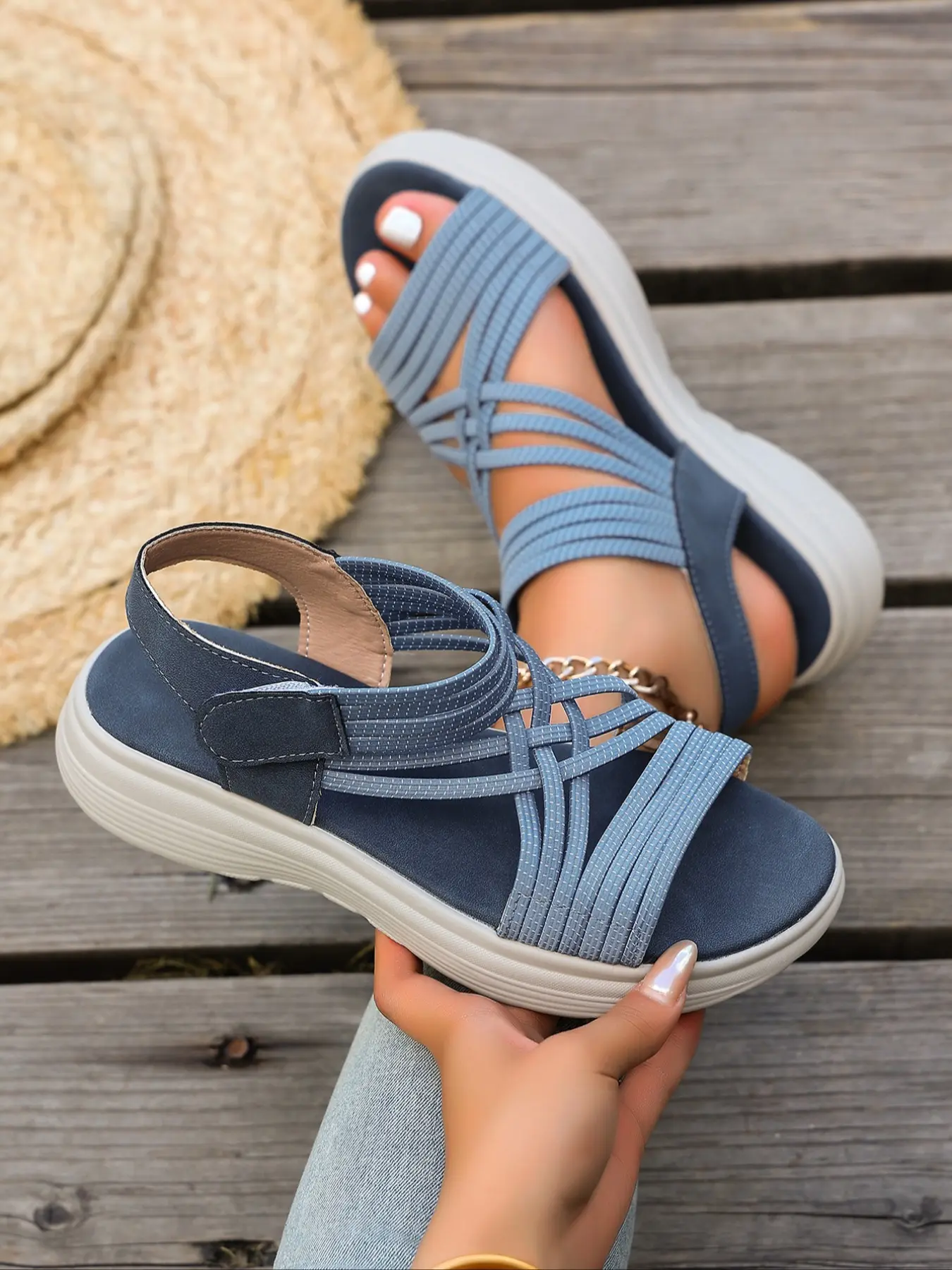 Women's Rhinestone Elastic Woven Strap Crisscross Hollow Hook & Loop Back Ankle Strap Light Platform Open Toe Sport Casual Walking Sandals, Soft PU Leather Cushioned Insole Summer Outdoor Comfort Sandals