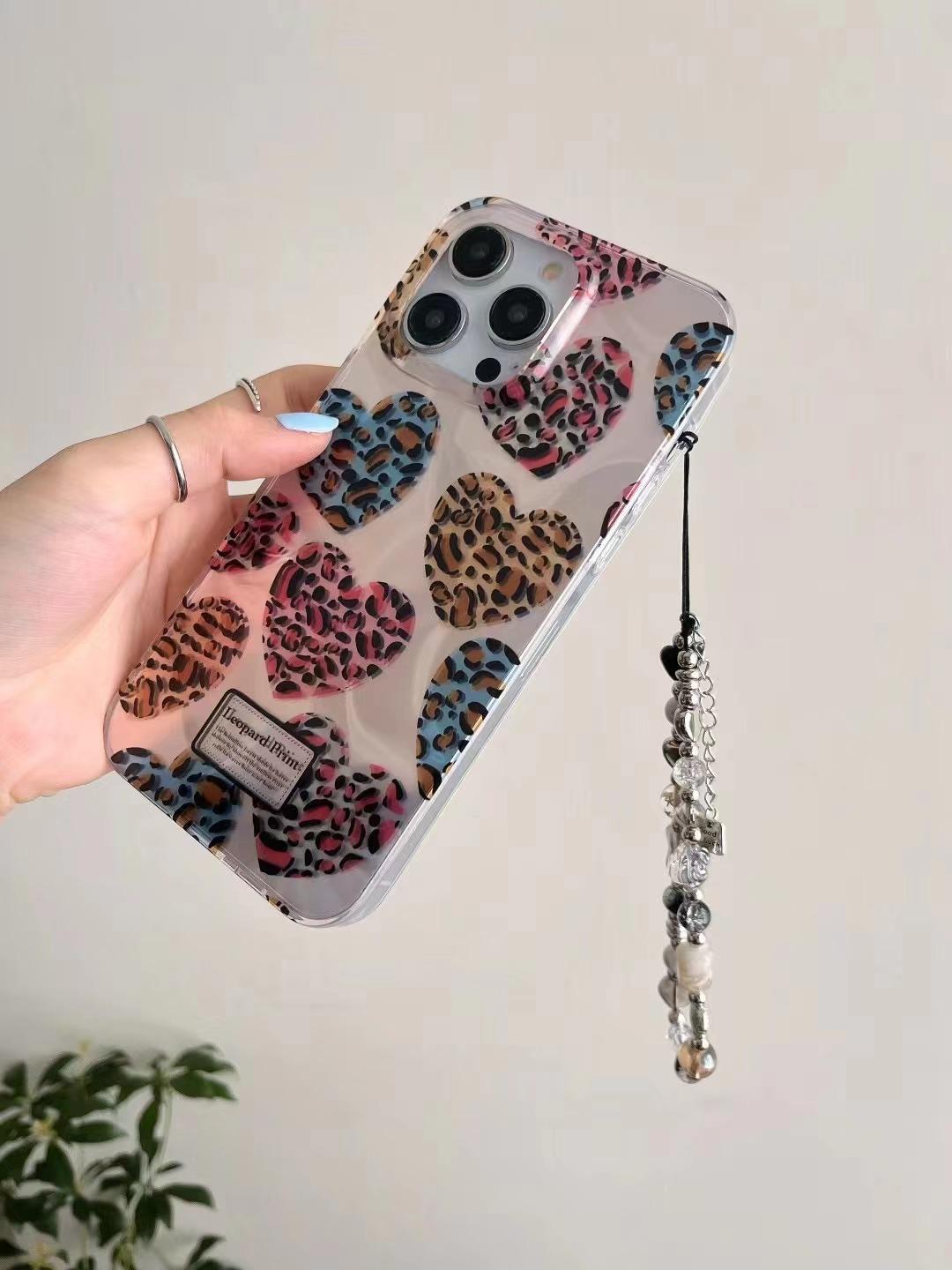 Sweet Cool Leopard Print Love Heart Phone Case with Chain for iPhone 17 Pro Max 16 15 14 13