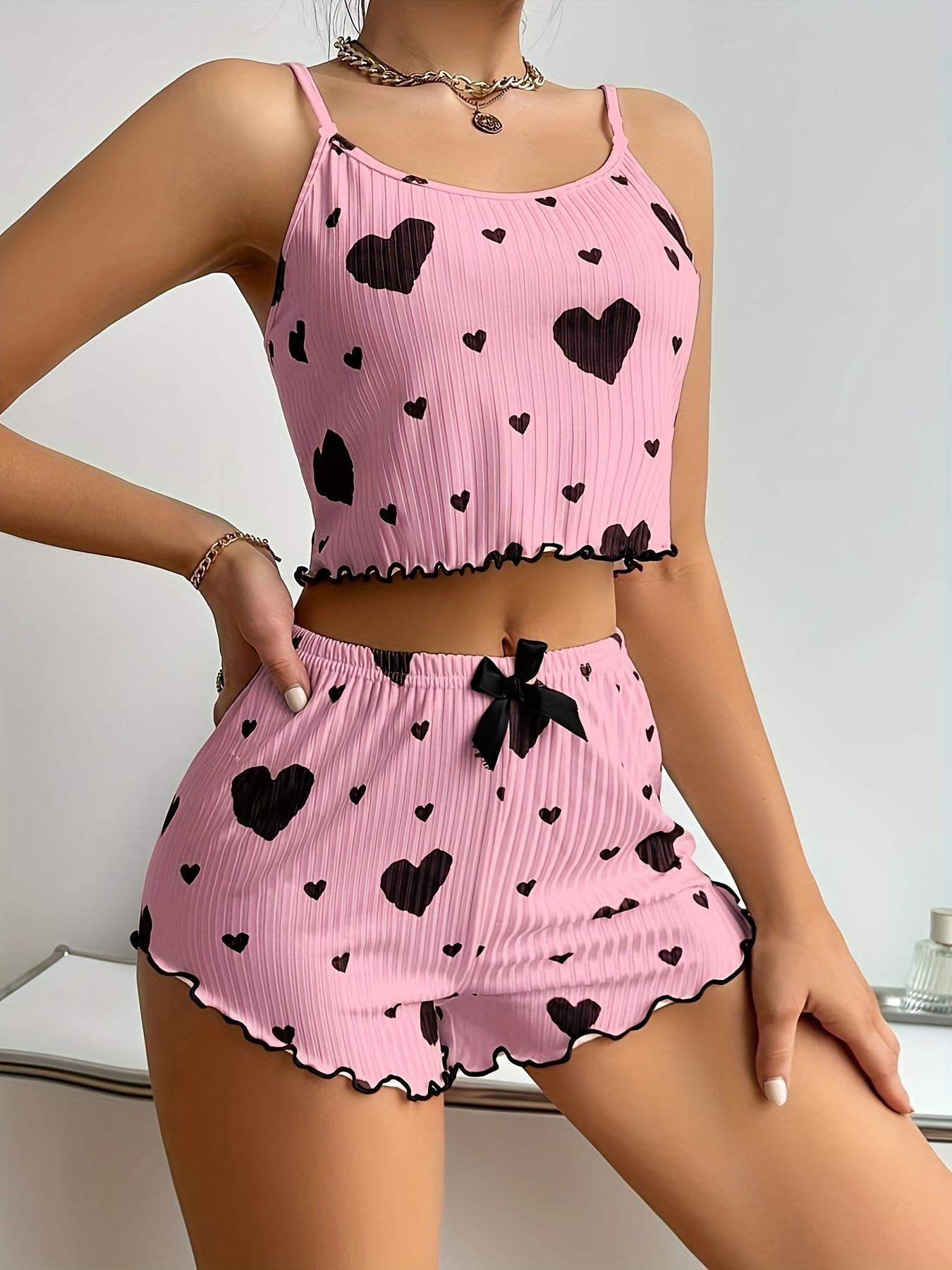 Casual Sleepwear Sets, Heart-Shaped Printed, Spaghetti Strap, Ruffle, Short Sets, Polyester 95% Elastane 5%, 180g/m², for Valentine'S Day Gift,  All-Season