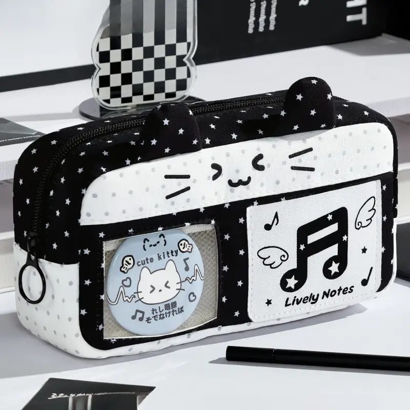 Kawaii Cat Ear Pencil Case with Transparent Window - Large Capacity Pen Pouch for Stationery, Badges, Cards - Cute Star/Note Design, Ideal for School, Office, or Gifts