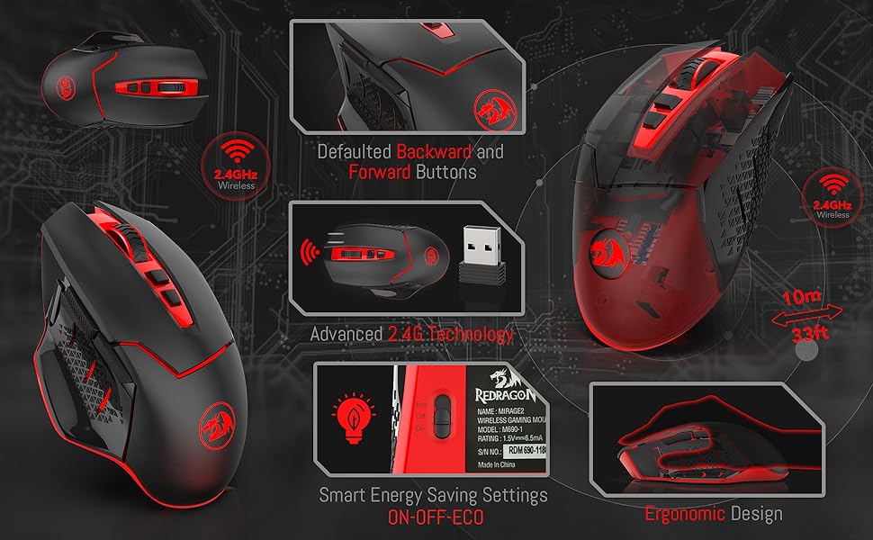 Redragon M690-1 Wireless Gaming Mouse with DPI Shifting, 2 Side Buttons, 2400 DPI, Ergonomic Design, 8 Buttons-Black