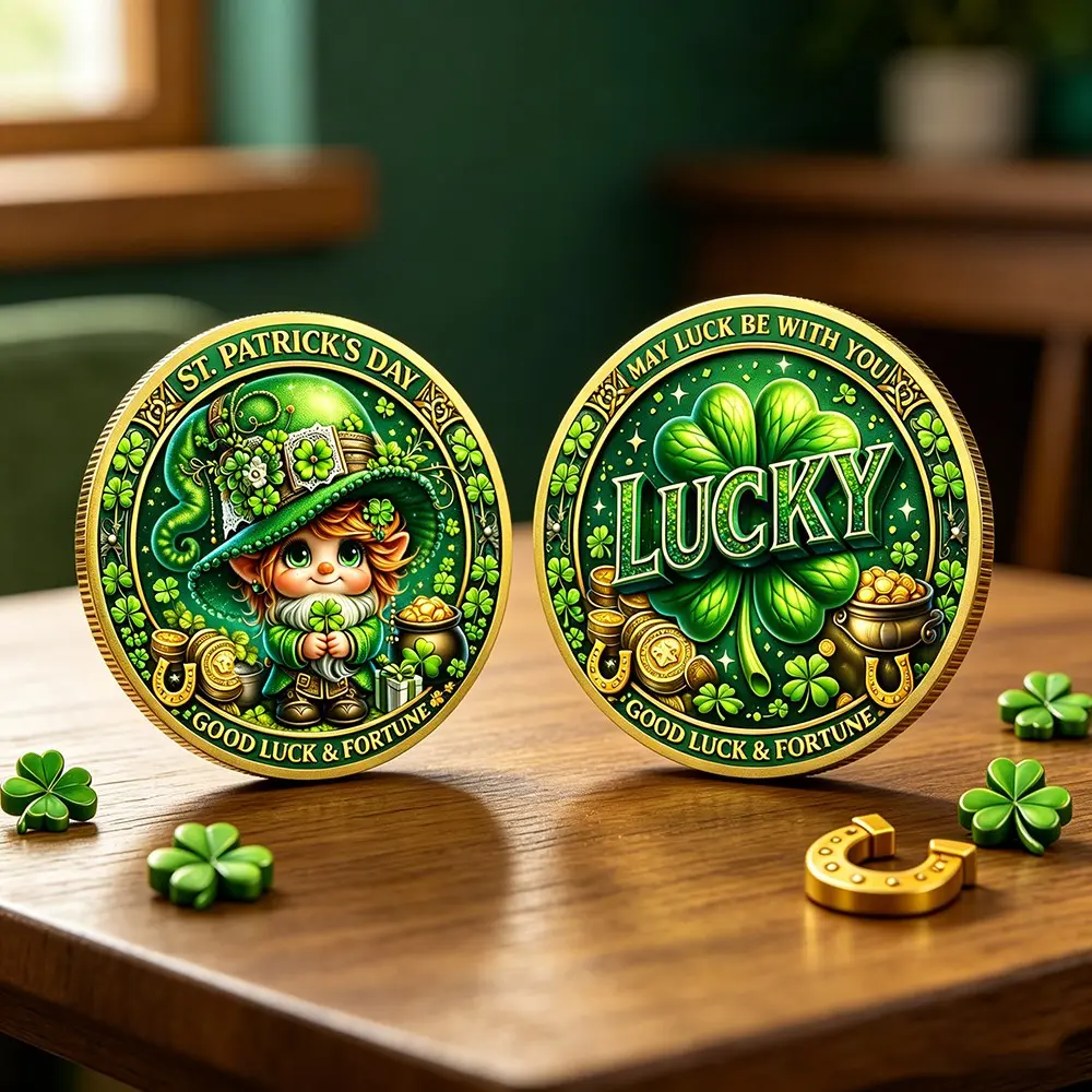 1 PC Four-leaf Clover Spirit Lucky Coin, Hoof Ring Design and Treasure Basin Commemorative Coin, symbolizing abundant good luck and good fortune always by your side, Saint Patrick's Little Spirit Badge, a lucky decor gift for both men and women