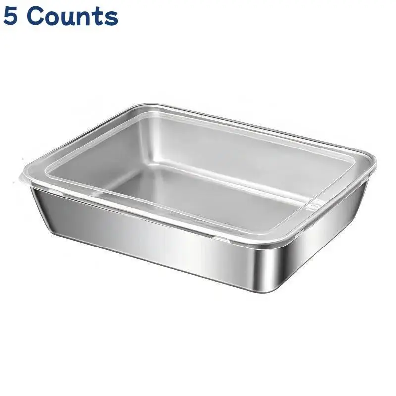 Stainless Steel Rectangular Tray with Lid – Thickened food-grade storage tray for steaming, serving and food preservation. Durable multi-purpose kitchen container, not microwave safe.