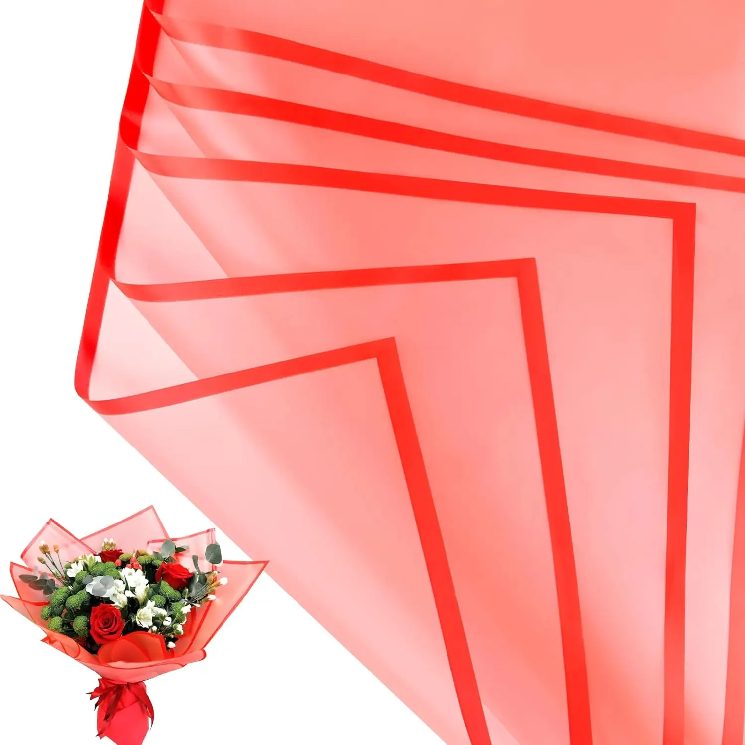 Modern Red Translucent Korean Floral Wrapping Paper (20 Sheets, 22.8x22.8"), Bouquet Wrap Supplies for Florists