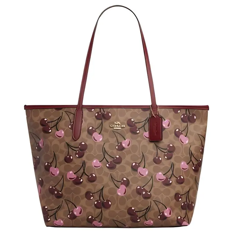 COACH City 33 Cherry Print Faux Leather Tote Bag for Women, Casual Style, Tan Brown