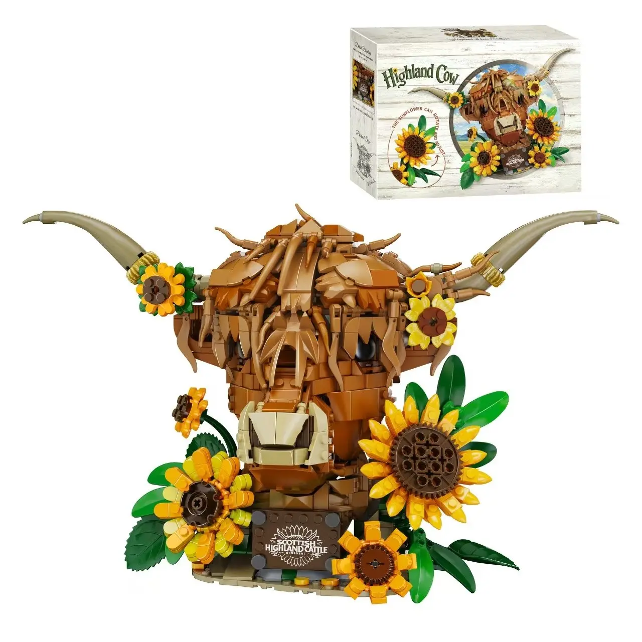 Highland Cow Sunflower Building Blocks Set, Plastic Bricks, 1134 Pcs, Scottish Longhorn Bull Model, Rotatable Sunflowers, DIY Gift for Holidays