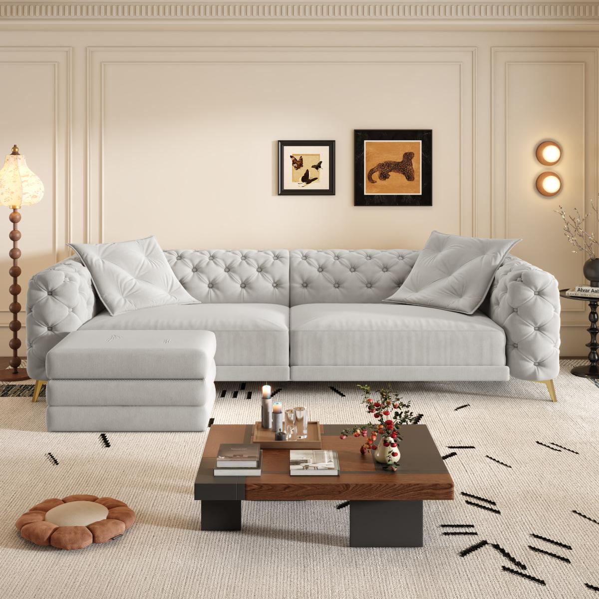 97.7" 3-in-1 Convertible Sleeper Sofa,28.4" Deep Seat Pull Out Sofa Bed,Button Tufted Modern Sofa,4-Seater Couch with Movable Ottoman  for Apartment,Office,Bedroom,Light Grey(Old SKU:W1885S00203)    RR