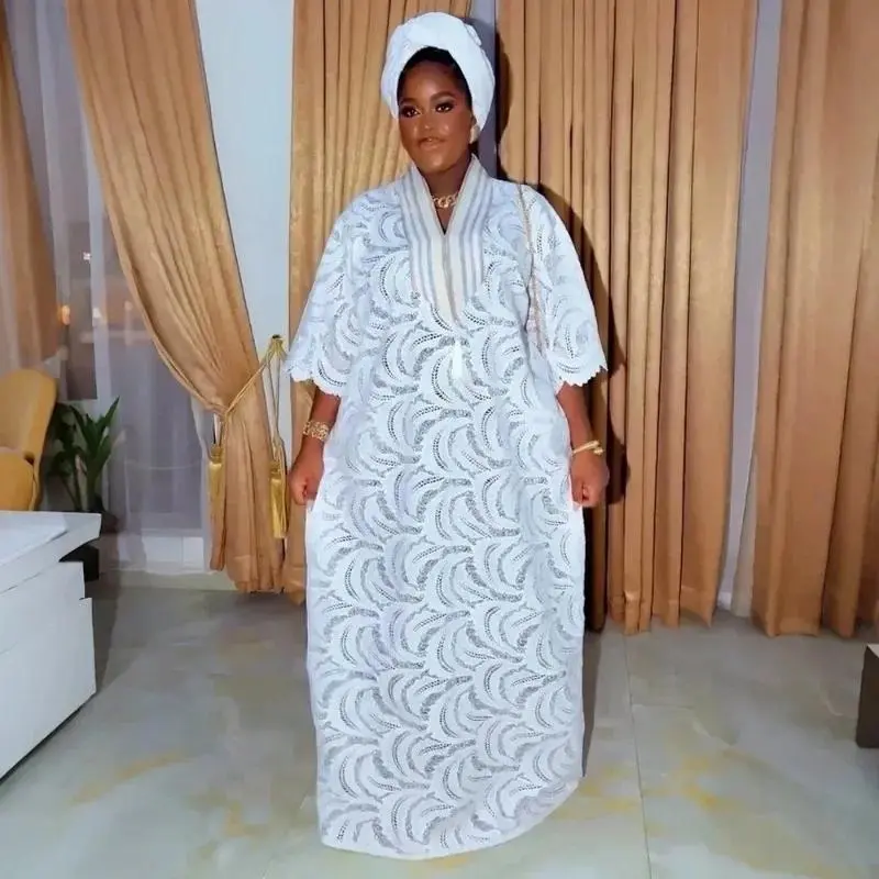 2025 New African Dress Plus Size For Women Elegant Dubai Turkey Africa Clothing Wedding Party Gown Church White Lace Clothes