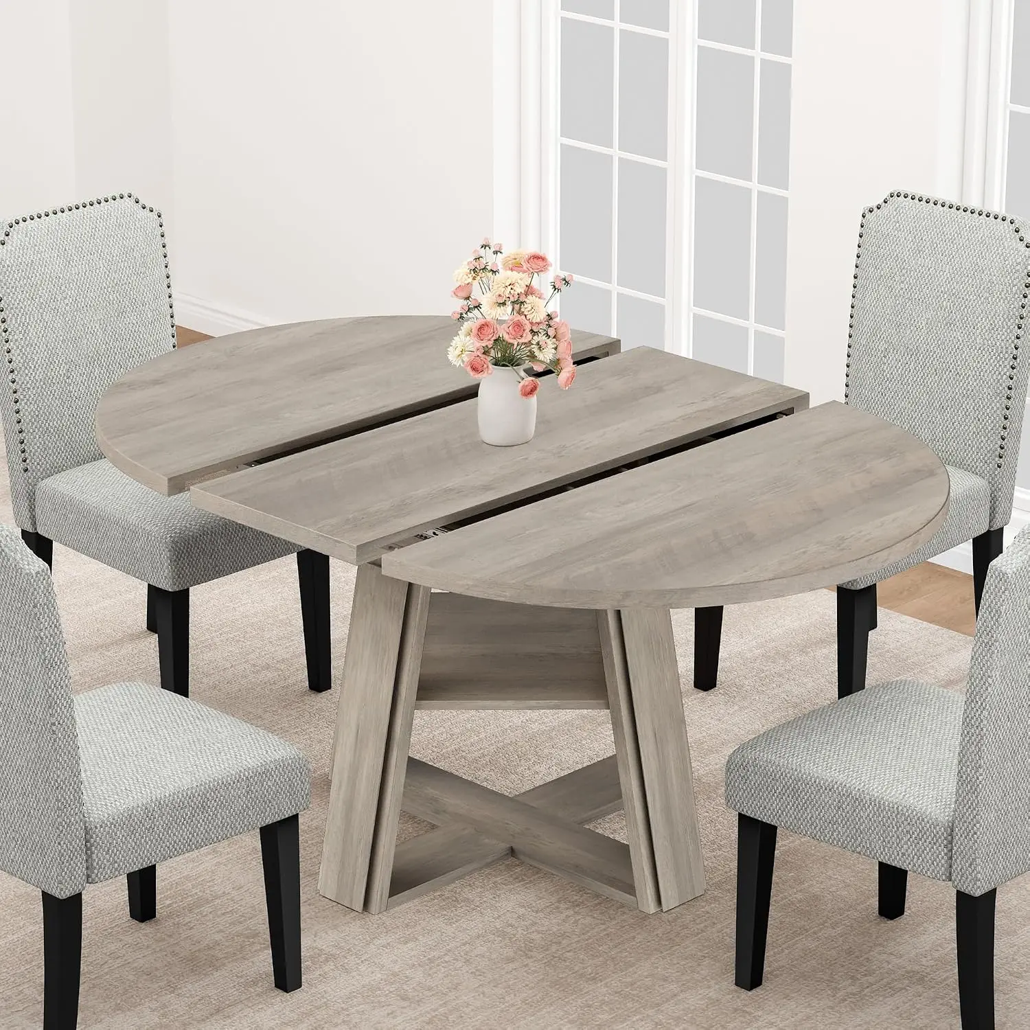 Extendable 43.3 Inch to 59.06 Inch Dining Table for 4-8, Round Expandable Oval Kitchen Table with Thick Tabletop&Pedestal Base and Storage Space summerwins