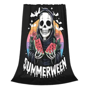 [Ideal Halloween Choice] Soft flannel blanket, suitable for summer and year-round use, ideal for home, bed, sofa, picnics, and travel-skull and watermelon print bedspread, comfortable sheets, decorations, bedding, bedspread.