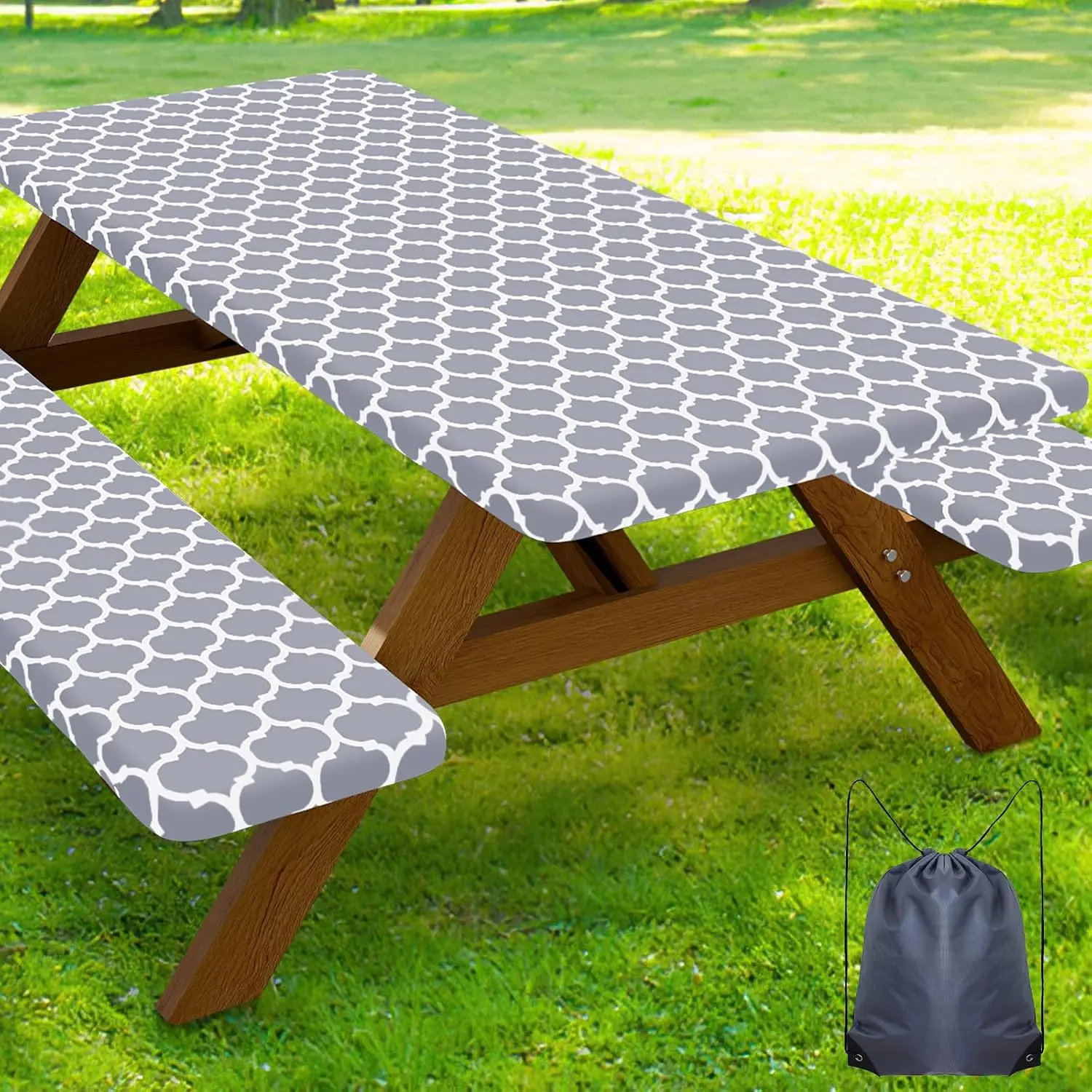 Picnic Table Cover with Bench Covers, Waterproof Elastic Fitted Tablecloth for 6 Foot Tables, Washable Polyester Tablecloths for Camping, Indoor & Outdoor (Grey, 30x72 Inch 3-pc Set)