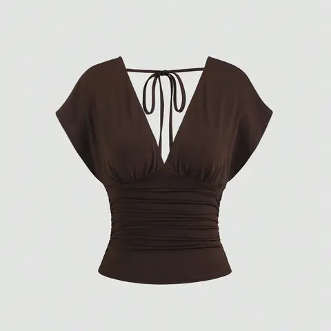 Sexy Deep V-Neck Short Top for Women, Back Tie Ruched Slimming Crop Top, Trendy Design for Summer