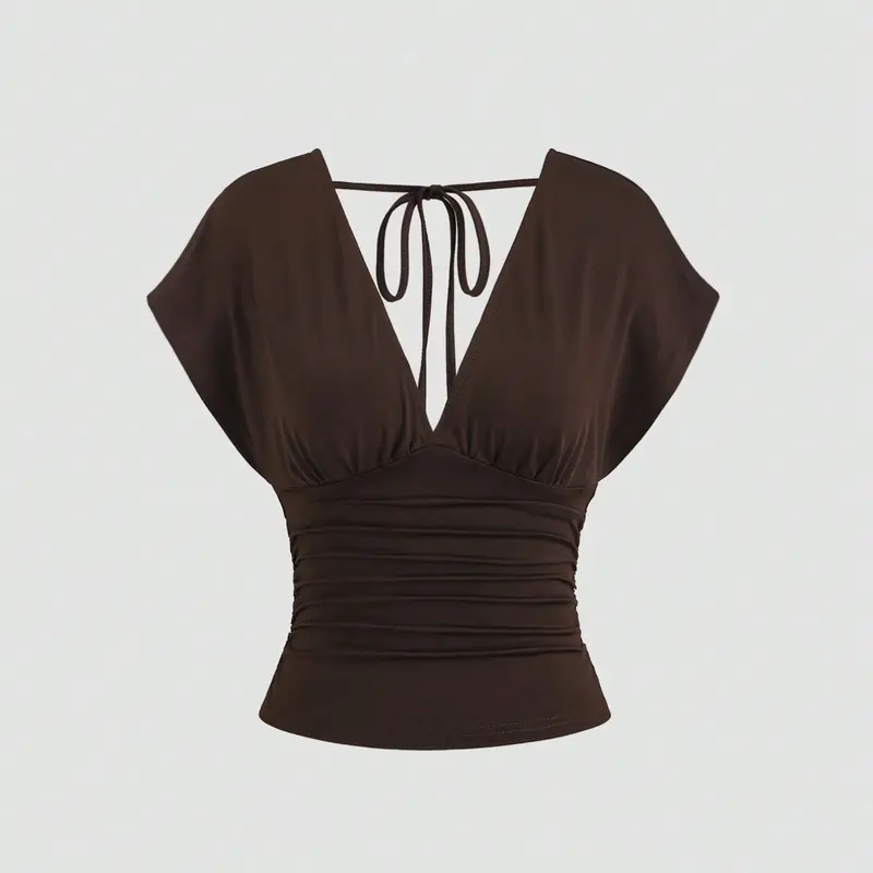 Sexy Deep V-Neck Short Top for Women, Back Tie Ruched Slimming Crop Top, Trendy Design for Summer