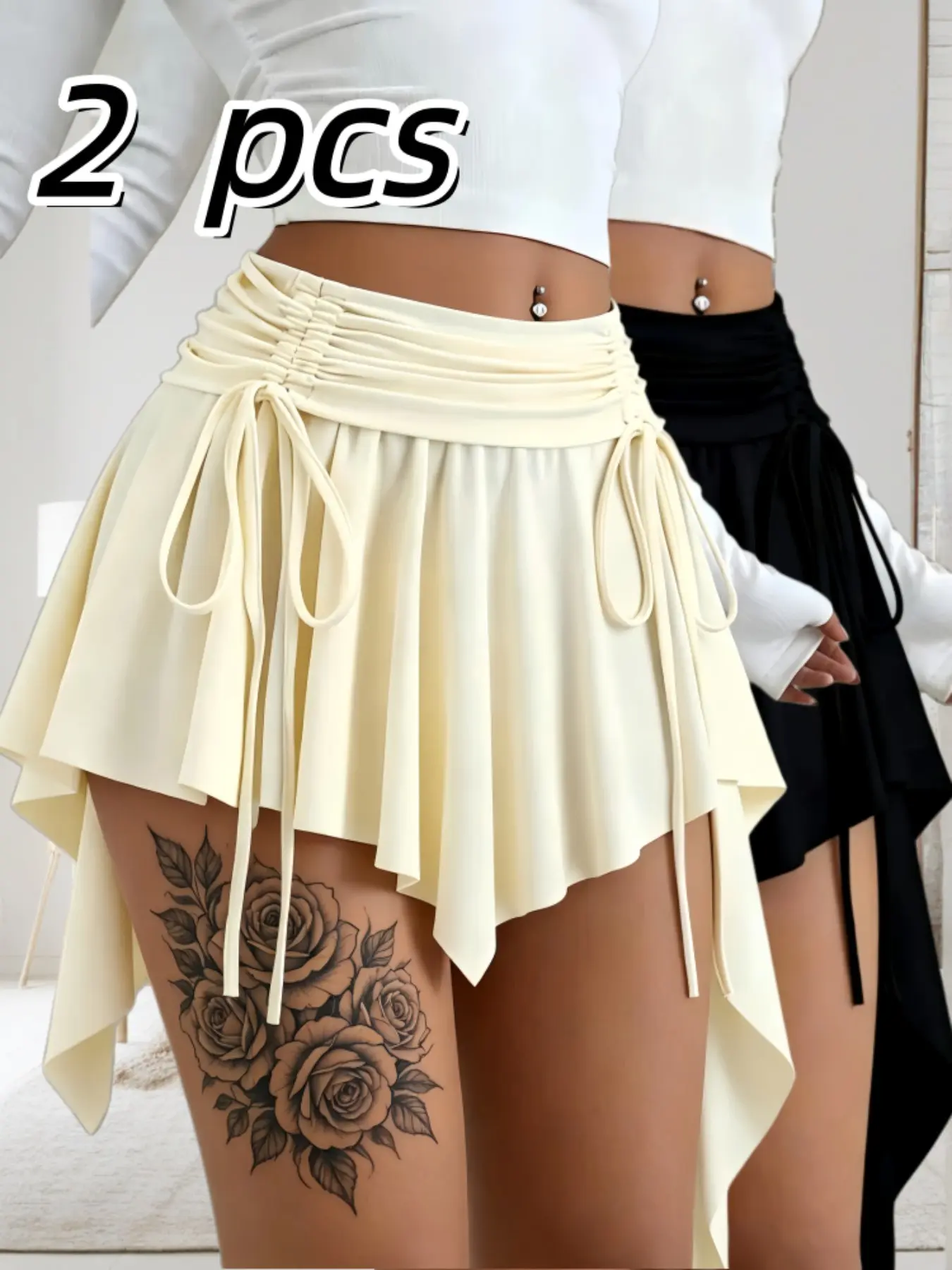 Irregular Drawstring Adjustable High-Waisted Short Skirt, Lifts Waistline, Sweet Cool Street Style, Two-Piece Set, Graphic Pattern, Unlined, Lightweight, Breathable