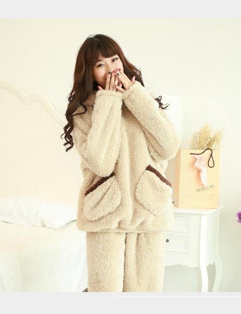 Thickened Warm Autumn Winter Women Cartoon Plush Hooded Bear Sleepwear Ladies Flannel Homewear Set Solid Nightwear Loungewear
