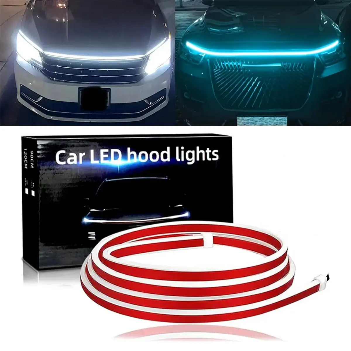 Dynamic Ice Blue Car Hood LED Strip - Easy Install, Sequential Startup DRL Illumination, Waterproof Exterior Ambient Glow Hood Lighting for Cars/SUVs