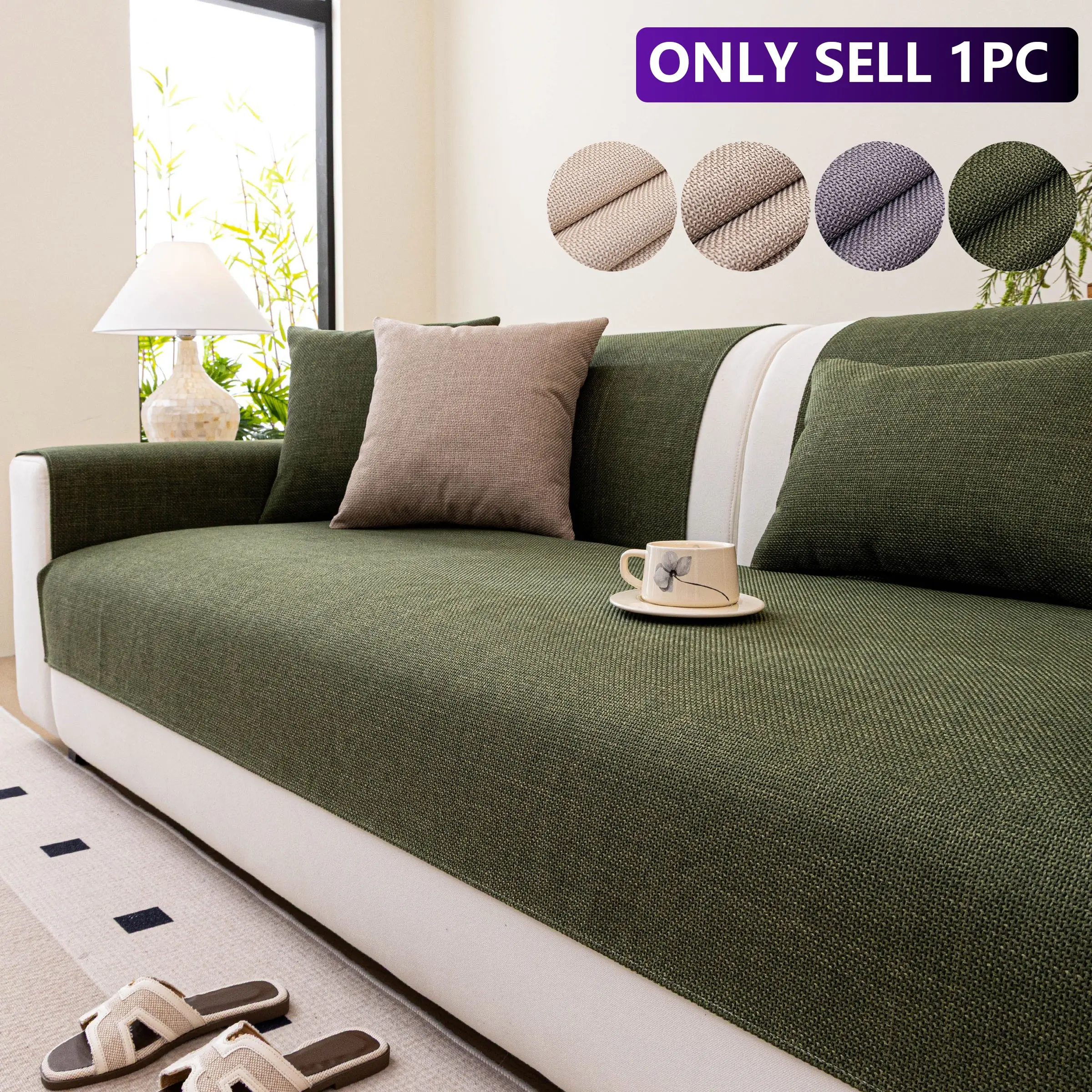 1pc Linen Sofa Cover, Sofa Slipcover, Breathable and Simple Design, Anti-Slip, Dust-Proof, Pet-Friendly, Suitable for All Seasons