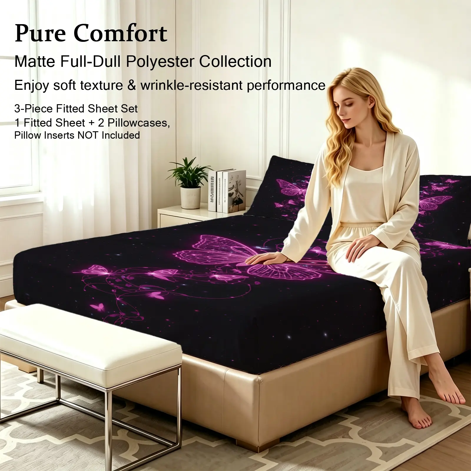 3pcs Fitted sheet Black Purple Butterfly Print Bedding Set, Ultra Soft Wrinkle Resistant Fade Proof Breathable Polyester Fitted Sheet Set with 2 Pillowcases, Ideal for Bedroom Hotel Home Use Fit Twin Full Queen King Size, Breathable Sheets