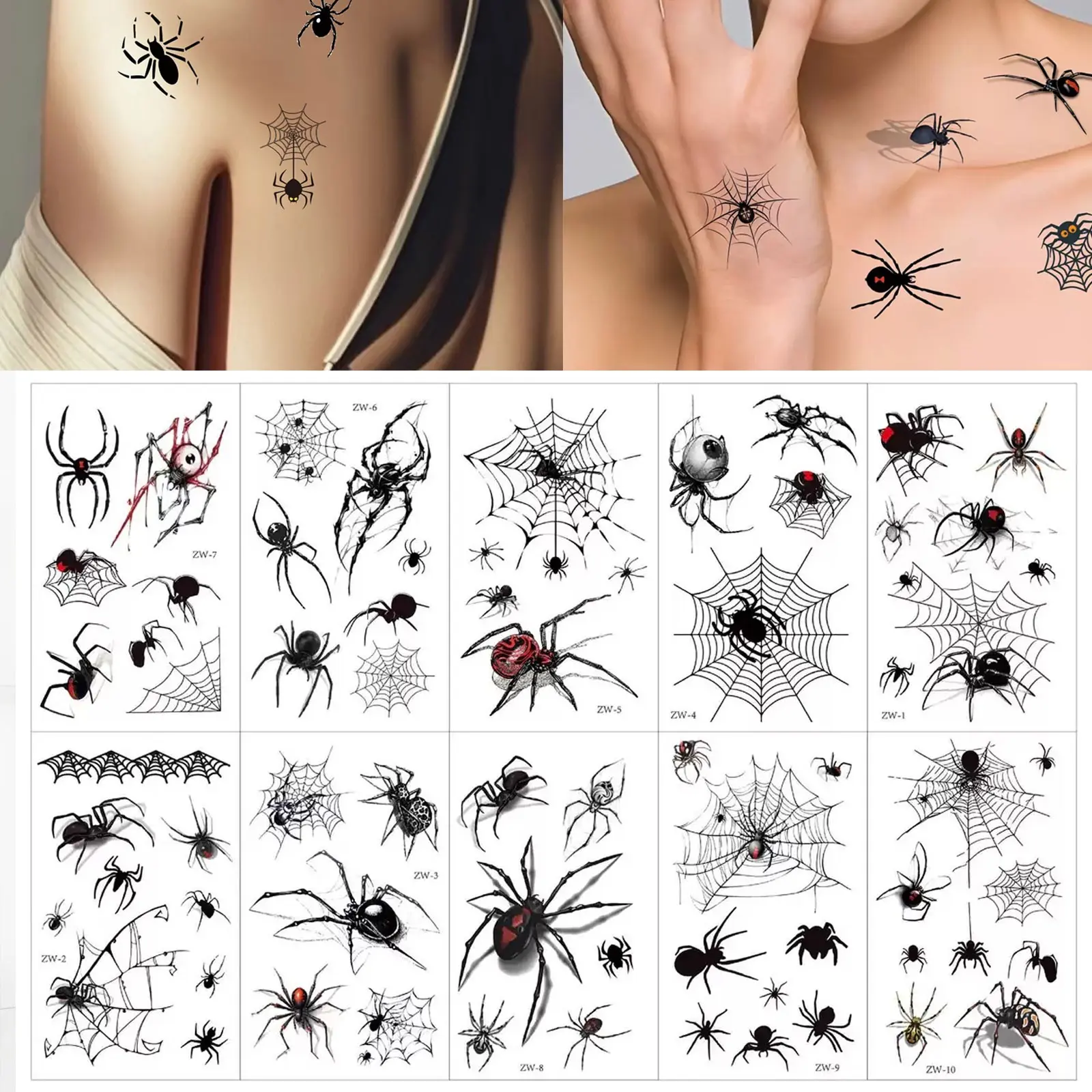 10pcs Halloween Temporary Tattoo Stickers, Waterproof Spider Web Skull Tattoos, Unisex Party Body Art Fake Tattoos, 10 Pieces Set