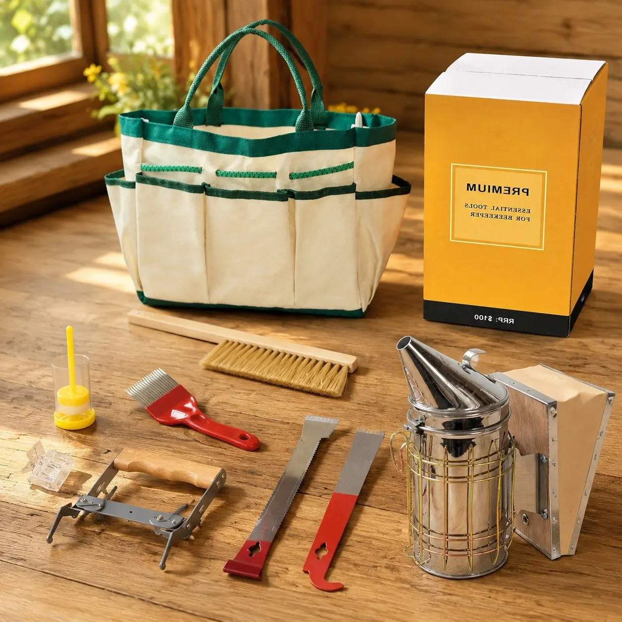 9 Pcs Beekeeping Tools Kit with Organizer Tote, Essential Beekeeping Supplies Starter Set Includes Bee Smoker and Beehive ToolsGift