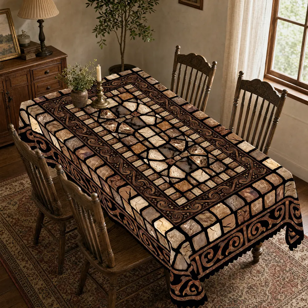 Polyester Mosaic Stone Tablecloth - Stone Tile Pattern, Rustic Scroll Ornamentation, Textured Blocks, Border Accents - Dining Room Decor, Indoor/Outdoor Use, Table Protection, Machine Washable, Multi-Size, Clearance Sale