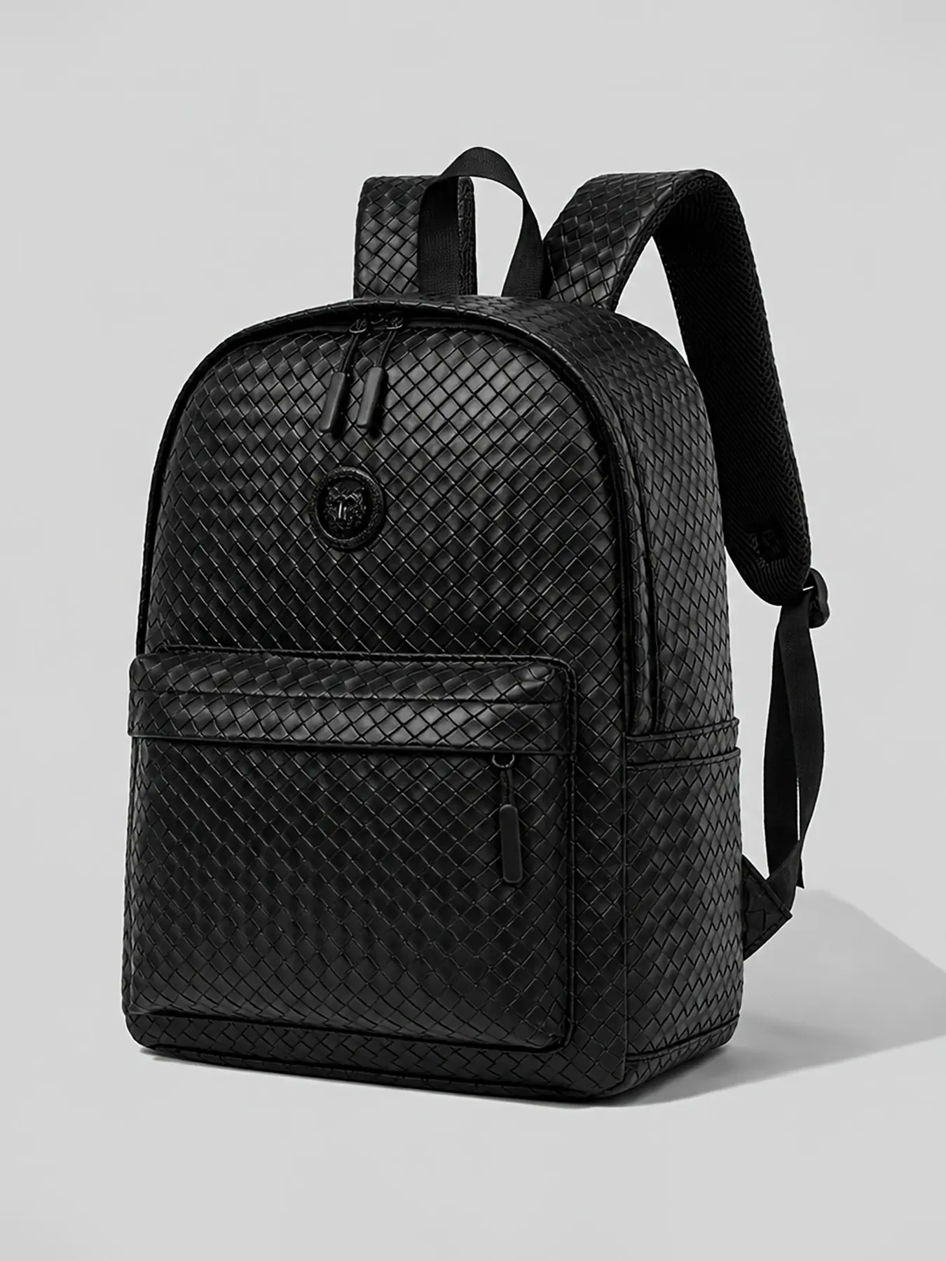 Men's Business Casual Tiger Head PU Backpack, Fashion Durable Backpack, Large Capacity Book Bag, Simple Weave Pattern, Versatile Student Backpack