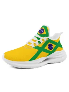 Men's Brazil 2026 Soccer Geometric Grid Flag Print Lace-Up Low Top Sports Shoes, Classic Lightweight Sneakers, Comfortable Running Walking Casual Shoes, Perfect for Match Days Fan Events, Breathable Plus Size