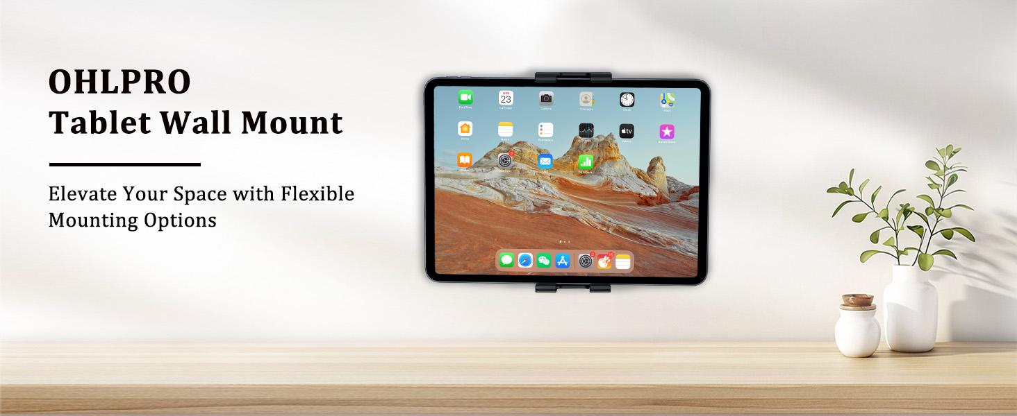 OHLPRO Tablet Wall Mount Holder for iPad, Upgrade 360° Adjustable Swivel No-Drill 3M Adhesive Stand for Kitchen Smooth Surface Wall, Fit for 5-13" Phones iPads Samsung Tab Fire HD & More Devices