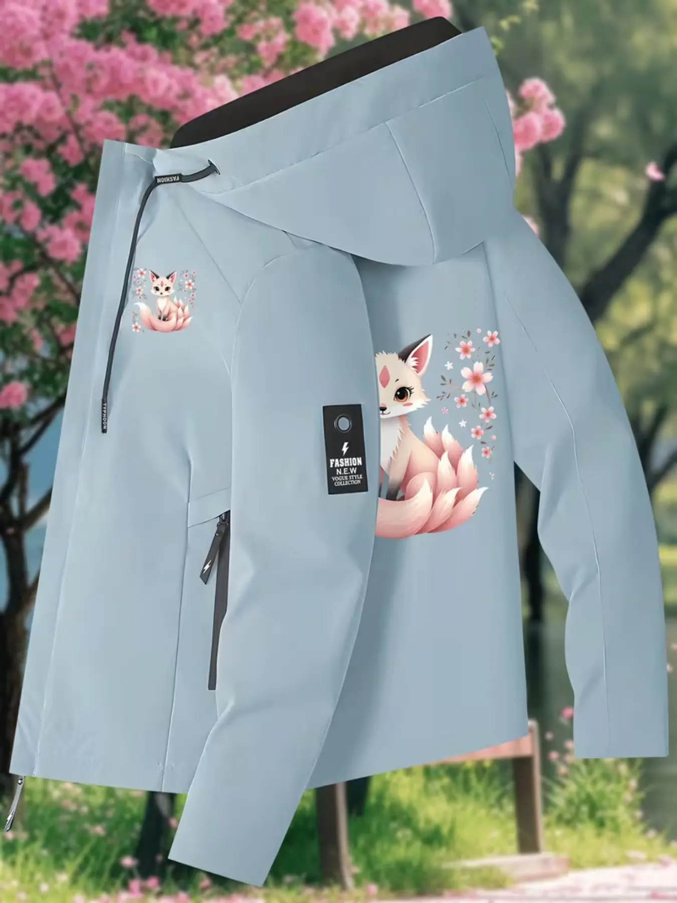 Dreamy Nine-Tailed Fox Cherry Blossom Print Lightweight Jacket, Casual Slim-Fit Graphic Outerwear for All Seasons