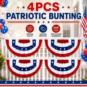 Patriotic Pleated Fan Bunting, 4-Piece US Flag Banner Set in Fade-Resistant Polyester, 1.5 x 3.0 ft Outdoor Decor for Independence Day, Anniversary