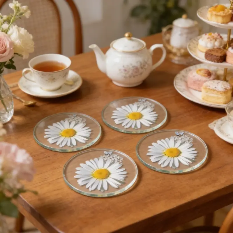 4 Pcs Acrylic Transparent Daisy and Butterfly Pattern Coasters, Essential for Spring, Kitchen & Tabletop Accessories, Floral Decor, Gift