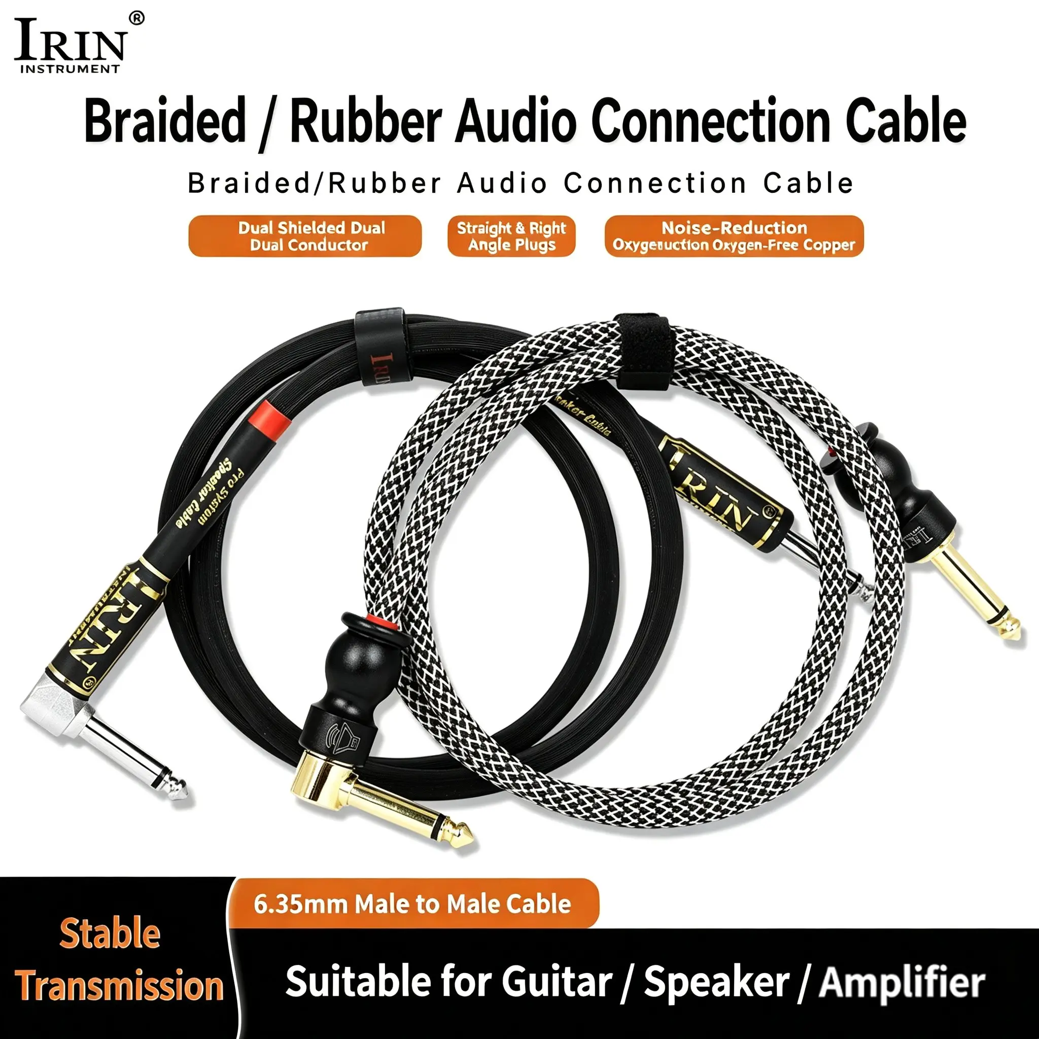 Irin Gt-106/107 Rubber Guitar Speaker Cable, Oxygen-Free Copper Noise Reduction, Straight and Bent Connectors, Durable for Stage Performance
