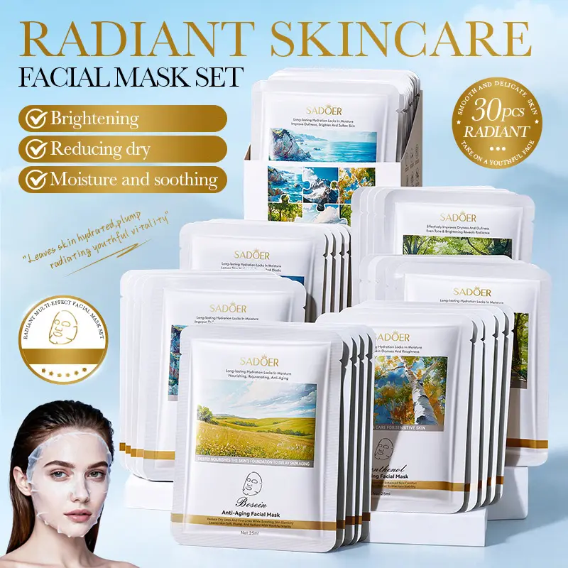 SADOER 30Pcs Hyaluronic Acid Sheet Mask Set - Lightweight Daily Skincare, Hydration Boost, Brightening, Soothing, Fast Absorption, Suitable for Dry & All Skin Types, Ideal Gift, Deep Moisture, Use Weekly