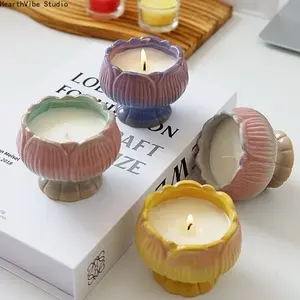 Yellow Ceramic Lotus Flower Candle Holder with Scented Soy Wax, Boho Aromatherapy Jar for Home Room Decor, Yoga and Meditation Gift, Living Room Decor