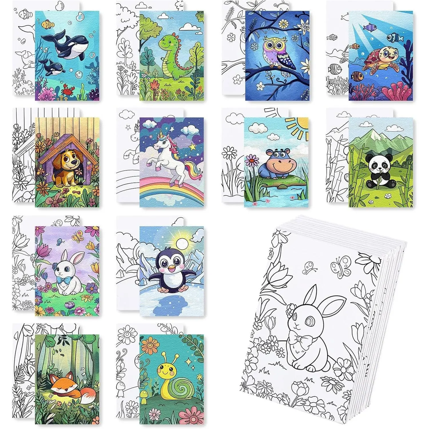 12 Packs 5*7in Animal Pre Drawn Pre Printed Pre Stretched Outline Canvas Painting Boards for Beginners, Students, Party Favors