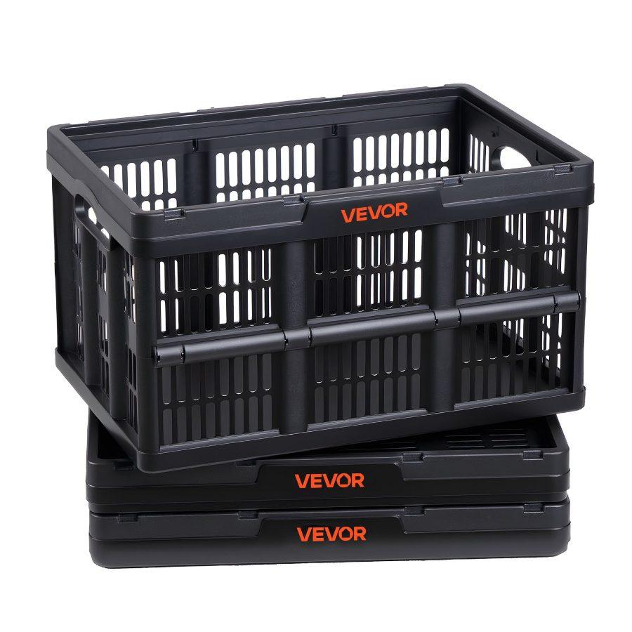 VEVOR Plastic Collapsible Storage Bins, 45L 3 Packs, Stackable Folding Storage Crates with Handles, Holds 33 lbs Per Bin, Foldable Heavy Duty Containers, Space-Saving Baskets, for Home Organizing