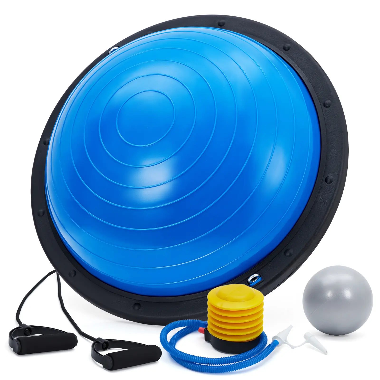 23 Inch Half Exercise Balance Ball Trainer With Resistance Bands & Inflation Foot Pump, Inflatable Yoga Fitness Ball for Core Training, Home‑Gym Workout Equipment, Blue