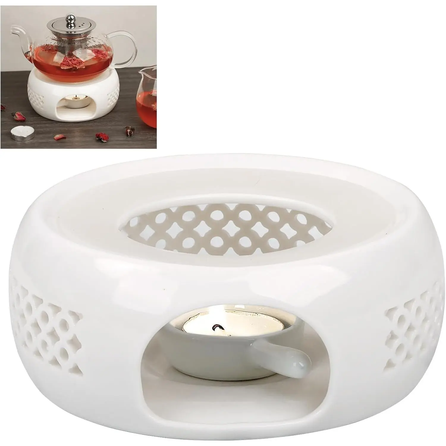 KAYCROWN Teapot Warmer, Ceramic Tea Warmer with Tealight Holder, Teapot Heater for Heating Tea, Coffee, Milk, Tea Light Warmer, Suitable for All Teapots
