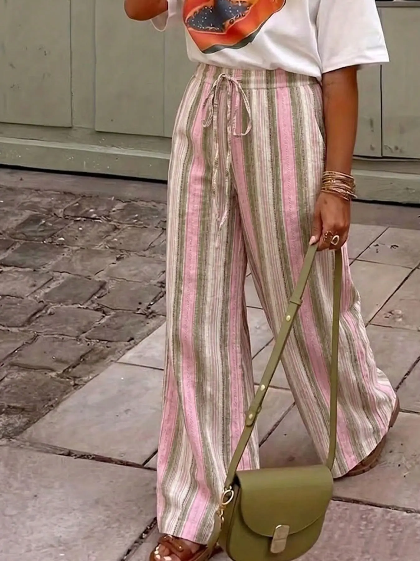 Women's Striped Wide Leg Pants, Summer Drawstring High Waist Flowy Aesthetic Casual Straight Leg Pants, Vacation Lazy Long Pants, Beach
