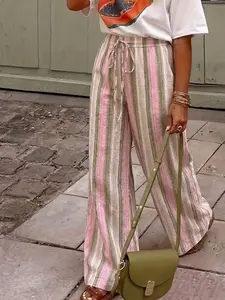 Women's Striped Wide Leg Pants, Summer Drawstring High Waist Flowy Aesthetic Casual Straight Leg Pants, Vacation Lazy Long Pants