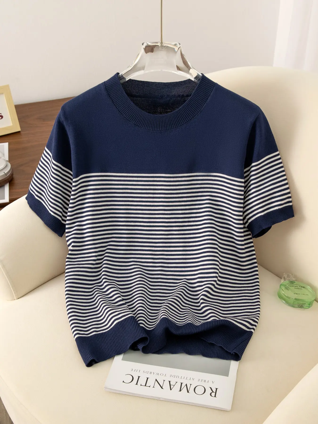 Summer Women's New Fashion Patchwork Stylish Top, Casual Breathable Thin Striped Knitwear, Daily College Style, Trendy and Versatile