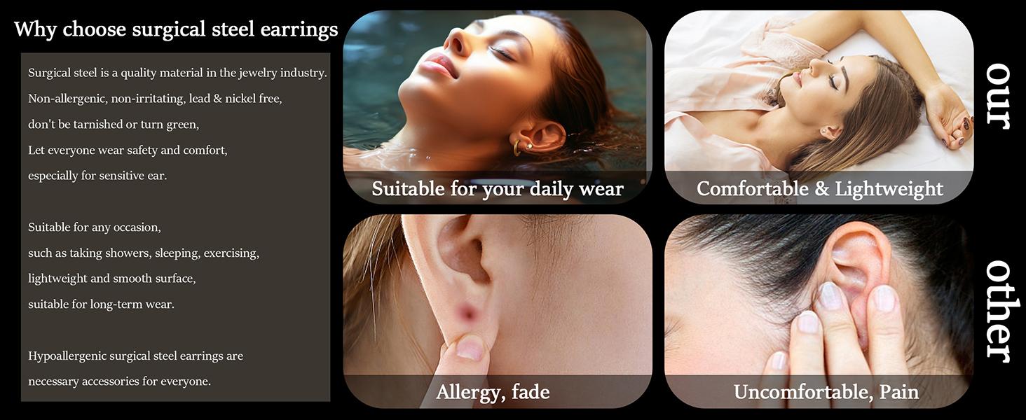 Jstyle Surgical Steel Earrings for Sensitive Ears Hypoallergenic Earrings for Women 20G Flat Back Stud Earrings Cartilage Hoop Earrings 8/10/12MM