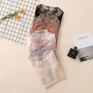 Autumn and winter lace bottoming shirt women's long-sleeved semi-turtleneck inner hollow chiffon foreign sexy mesh top High neck with hollowed out chiffon and sexy mesh top