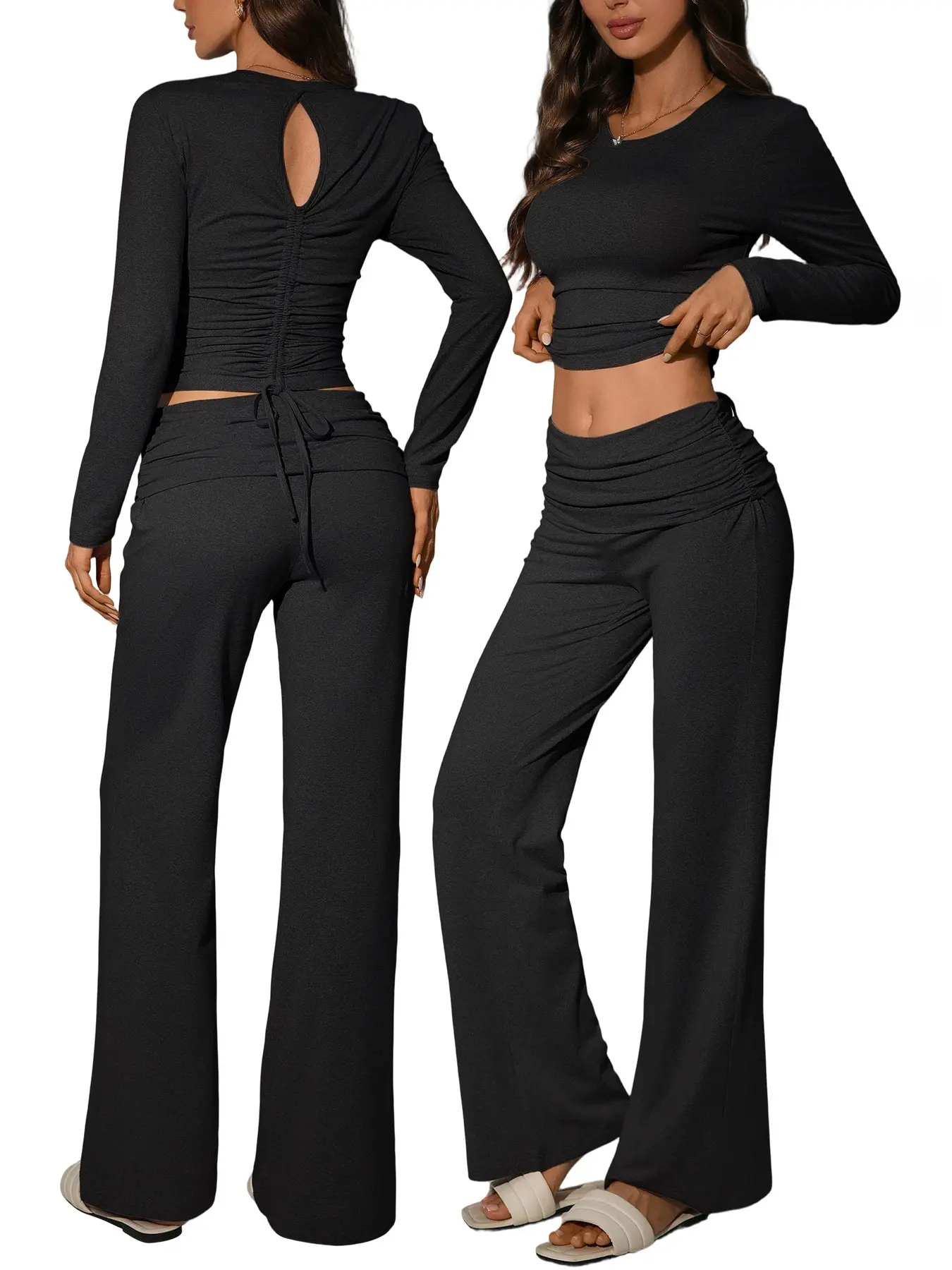 Women 2 Piece, Long Sleeve Back Cutout Ruched Crop Top, Fold Waist Flare Pants, High Stretch, Casual Lounge Set,pyjamas for women， Fall Fashion